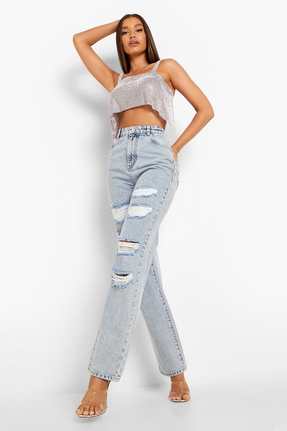 Light wash extreme store distressed mom jean